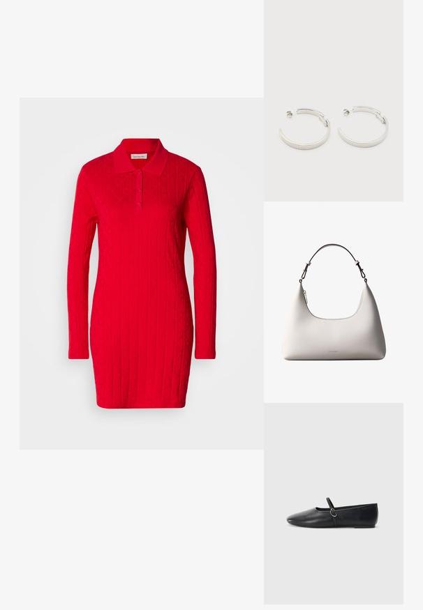 Vestido polo rojo con mangas largas, patrón texturizado que presenta diamantes y corazones en relieve, y un collar clásico con cierre de botones.; Bailarinas de cuero negro con punta afilada, suela plana y una pequeña correa con detalle de hebilla plateada.; Bolso de hombro de cuero color crema de Calvin Klein con borde superior curvado, cremallera plateada y correa ajustable marrón oscuro.; Pendientes de aro semicírculo en tono plateado con textura acanalada y cierre de presión sobre fondo blanco.