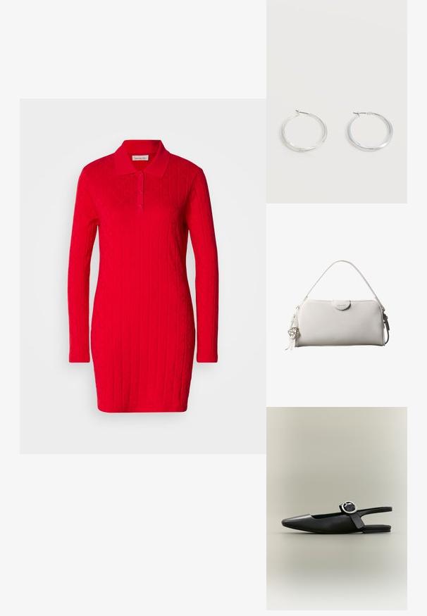 Rotes Polo-Kleid mit langen Ärmeln, strukturiertem Muster mit erhabenen Rauten und Herzen sowie einem klassischen Kragen mit Knopfverschluss.; Schwarzer spitzer flacher Slingback-Schuh mit silberner Schnalle und niedrigem Absatz auf neutralem Hintergrund.; Weiße rechteckige Calvin Klein Handtasche mit einem einzelnen Henkel, minimalistischem Design und dekorativen Quasten mit geometrischem Metallanhänger an der Seite.; Silberne Metallcreolen mit glatter, leicht gebogener Oberfläche und Klappverschluss vor schlicht weißem Hintergrund.
