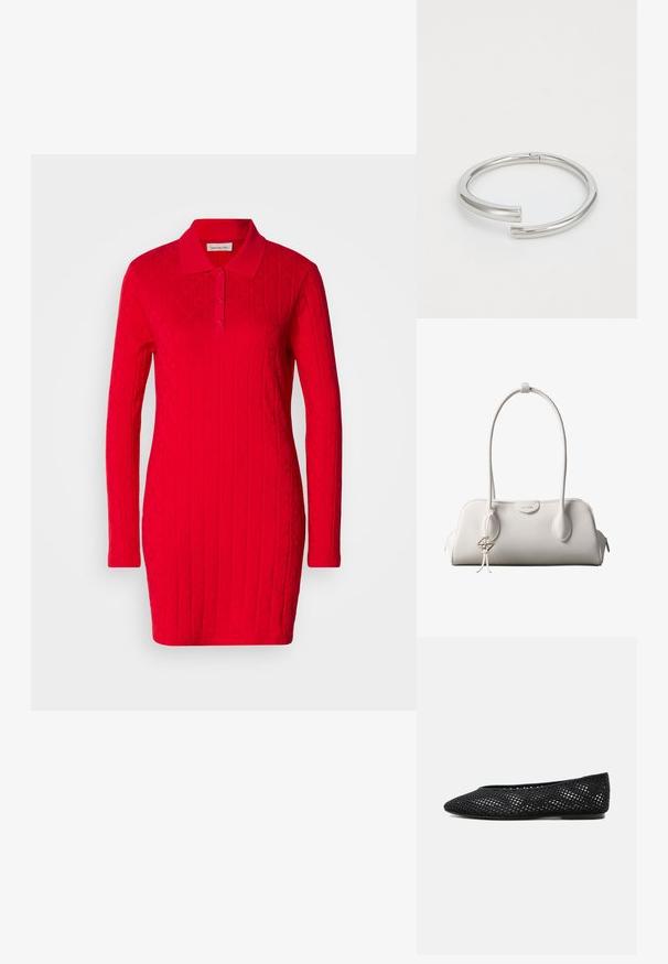 Rode polo jurk met lange mouwen, een textuurpatroon met verheven diamanten en harten, en een klassieke kraag met knoopsluiting.; Zwarte mesh platte schoen met gesloten neus en lage hak, met een ademend geweven ontwerp en subtiel zijlogo.; Witte Calvin Klein schoudertas met lange hengsels, rechthoekige vorm, ritssluiting en decoratieve logohanger bij het hengsel.; Calvin Klein SPIRAL - Armband - silver-coloured