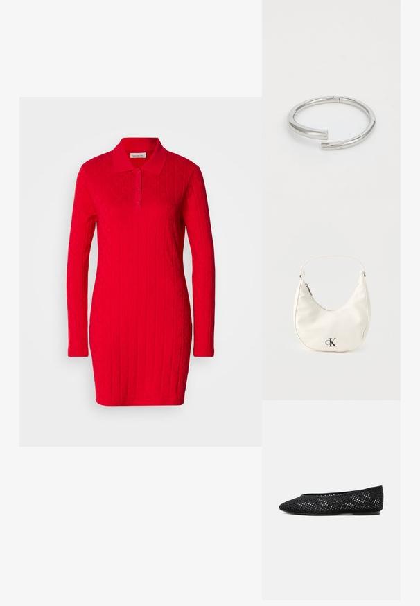 Vestido polo rojo con mangas largas, patrón texturizado que presenta diamantes y corazones en relieve, y un collar clásico con cierre de botones.; Zapato plano de malla negra con puntera cerrada y tacón bajo, con un diseño tejido transpirable y un logo lateral sutil.; Pequeño bolso blanco en forma de media luna con correa corta, cierre de cremallera y logo negro "cK" en el frente.; Calvin Klein SPIRAL - Pulsera - silver-coloured