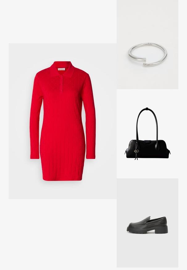 Vestido polo rojo con mangas largas, patrón texturizado que presenta diamantes y corazones en relieve, y un collar clásico con cierre de botones.; Mocasines de piel negra con punta redondeada, suela texturizada gruesa y mínimos detalles de costura. Diseño elegante sin cordones o herrajes visibles.; Bolso de mano negro de cuero Calvin Klein con asas largas, una etiqueta con el logo frontal y un colgante geométrico plateado que cuelga de una de las asas.; Calvin Klein SPIRAL - Pulsera - silver-coloured