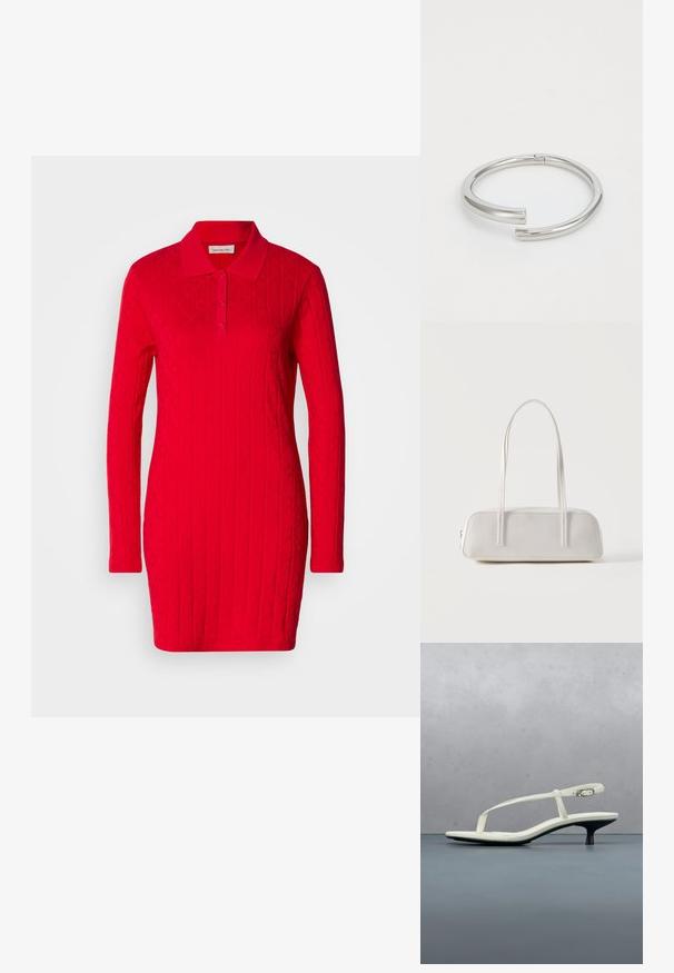 Vestido polo rojo con mangas largas, patrón texturizado que presenta diamantes y corazones en relieve, y un collar clásico con cierre de botones.; Sandalia blanca de tacón kitten con tiras y punta afilada, flotando sobre un suelo de baldosas de madera al aire libre, con un fondo desenfocado de plantas y pared.; Bolso de hombro rectangular blanco con correas largas y delgadas, costuras mínimas y cierre de cremallera sobre un fondo liso.; Calvin Klein SPIRAL - Pulsera - silver-coloured
