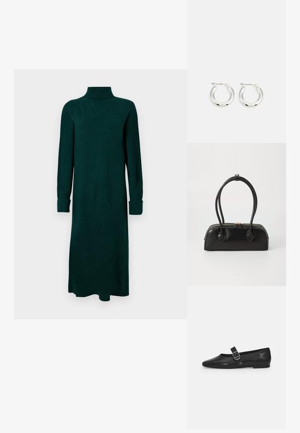 Robe turtleneck vert foncé, manches longues avec des poignets, coupe droite, tissu texturé, design longueur genou, style minimaliste.; Chaussure plate en cuir noir avec un bout arrondi, une seule sangle réglable à boucle et une texture lisse et brillante. Design minimaliste avec un petit talon.; Sac à main en cuir noir avec deux anses allongées, fermeture éclair et forme arrondie ; texture lisse avec une finition légèrement brillante.; Boucles d'oreilles en argent avec une finition polie, présentant une forme circulaire et une fermeture à charnière. Texture lisse avec un minimum de détails.