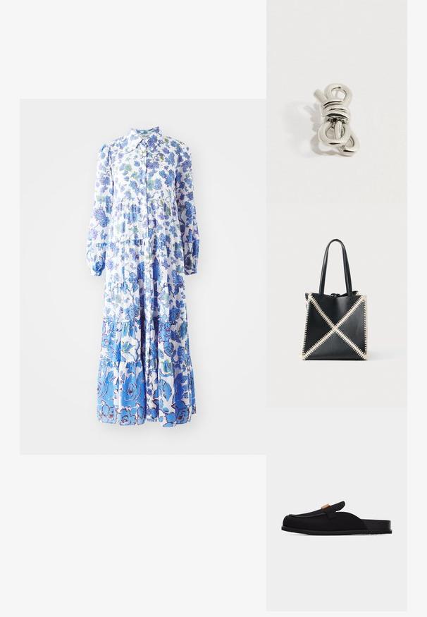 Blomstertrykt maxi kjole i lyseblå og hvid. Har knaplukning foran, lange puffærmer og lagdelt kant med forskellige mønstre.; Sort slip-on loafer med flad sål og en dekorativ rem med en lille gylden spænde.; Sort læder tote taske med cremefarvet syning, der skaber et X-mønster. Har to sorte håndtag og en uformet form.; Glat sølvring formet som en dekorativ knude med overlappende løkker mod en ensartet hvid baggrund.