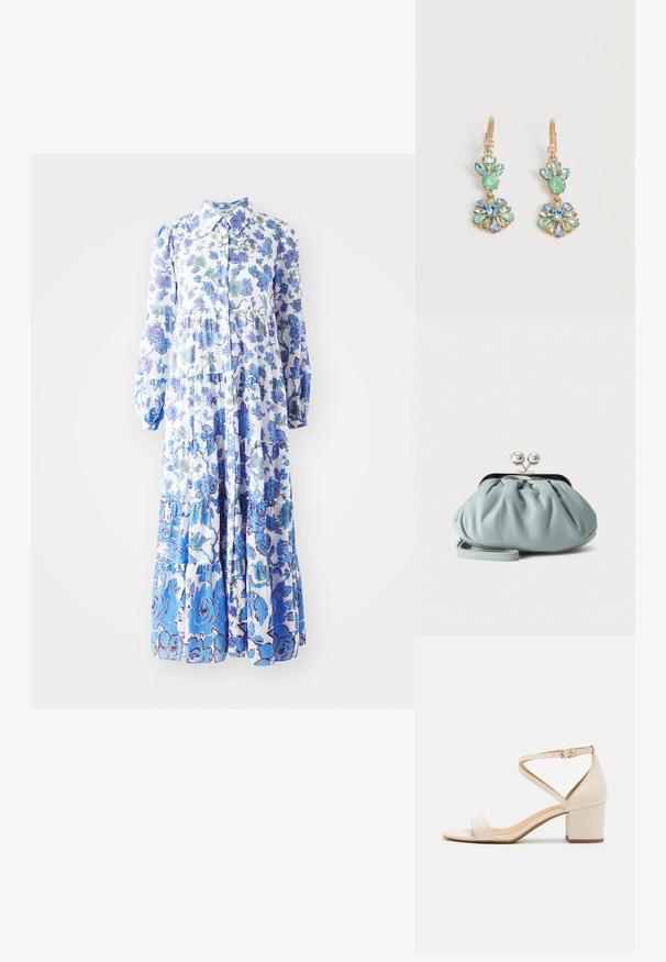 Maxi-jurk met bloemprint in lichtblauw en wit. Heeft een knoopsluiting aan de voorkant, lange pofmouwen en een gelaagde zoom met verschillende patronen.; Beige blokhak sandalen met een minimalistisch ontwerp, open neus en verstelbare enkelriem met een gouden gesp detail. Zachte textuur.; Kleine lichtblauwe leren muntenportemonnee met zilverkleurige metalen kiss-lock sluiting en kort polsbandje op een effen achtergrond.; Oorbellen in goudkleur met hangende groene en blauwe druppelvormige en ronde edelstenen, gerangschikt in bloemmotieven.