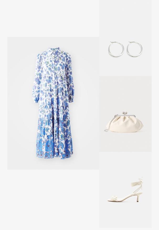 Maxi-jurk met bloemprint in lichtblauw en wit. Heeft een knoopsluiting aan de voorkant, lange pofmouwen en een gelaagde zoom met verschillende patronen.; Roomkleurige sandalen met lage hak, enkelriempjes en een brede gedraaide band over de tenen, op een effen witte achtergrond.; Crèmekleurige stoffen clutch met een geplooid ontwerp, een zilverkleurig metalen frame, twee decoratieve balletjes en een zilveren kettingriem.; Zilveren hoop oorbellen hebben een glad, rond ontwerp met een dun profiel en een veilige sluiting. Minimalistische stijl met een gepolijste afwerking.