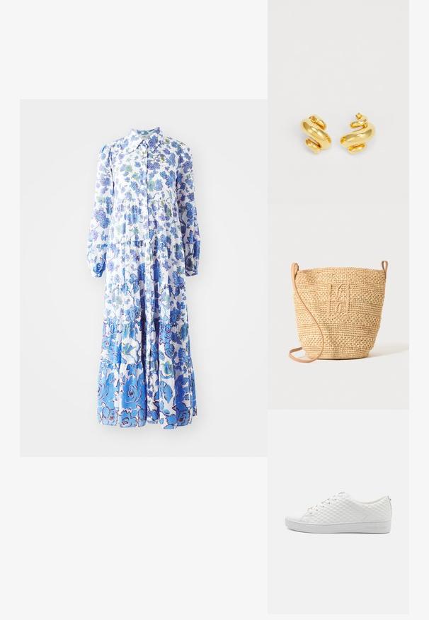 Blomstertrykt maxi kjole i lyseblå og hvid. Har knaplukning foran, lange puffærmer og lagdelt kant med forskellige mønstre.; Hvide sneakers med et struktureret mesh-design, flad sål, rund tå og snørebånd foran. Mærkenavnet prentet på siden og guld accenter.; Vævet stråbuckettaske med struktureret mønster og læderrem, vist oprejst på en ensfarvet lys baggrund.; Guld spiral hoop øreringe med en glat, poleret overflade, der har et bølget design og en tyk, kraftig form for et iøjnefaldende look.