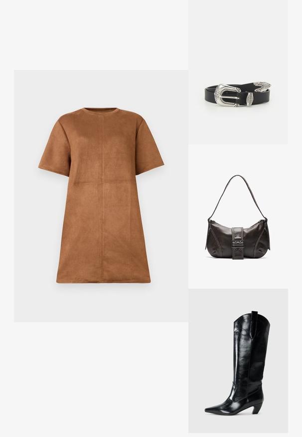 Braunes Wildleder-Kleid mit kurzen Ärmeln und Rundhalsausschnitt, mit vertikalen und horizontalen Nahtdetails auf der Vorderseite.; Schwarze kniehohe Stiefel aus Leder mit spitzem Zeh, niedrigem Absatz und dekorativen Nähten an den Seiten. Glatte, glänzende Oberfläche.; Braune Lederumhängetasche mit gebogener Form, die mit einem auffälligen Schnallendetail, kontrastierenden Nähten und einem einzigen Schulterriemen ausgestattet ist.; Schwarzer Ledergürtel mit einer großen silbernen Metallschnalle, die über feine Verzierungen und dekorative Akzente an beiden Enden verfügt.