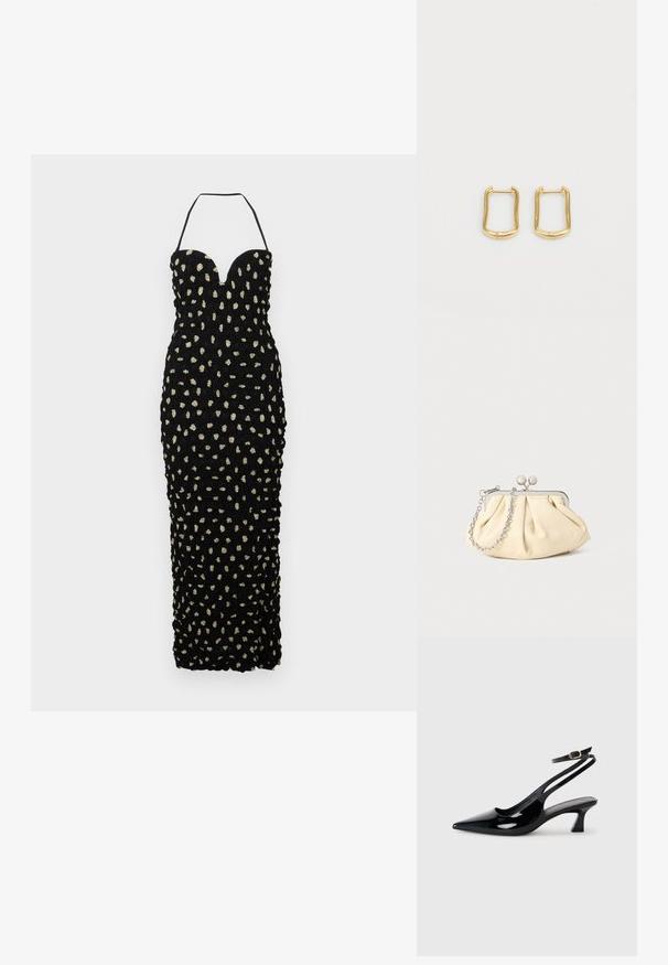 Nanushka HAYLEN - Gallakjole - polka; Sorte patenterede læderslingbacks med spidse tæer, lav blokhælt og justerbar ankelrem med guldspænde.; Plisseret beige læderclutch med en sølvmetalramme, der har to runde dekorative låse og en sølvkædetrasporte.; Guldøreringe med en uregelmæssig rektangulær form, der har en glat tekstur og en subtil glans. Enkel design uden udsmykning.