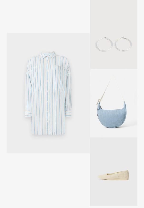 Camisa blanca con rayas verticales azules, de manga larga, con cierre de botones y dos bolsillos en el pecho. Fabricada con un tejido ligero.; Bailarinas beige con un exterior de cuero liso, punta en forma de almendra y una correa elástica en el empeine, con detalles de costura sutiles.; Bolso de hombro de mezclilla azul claro en forma de media luna con correa blanca ajustable y cierre de cremallera.; Pareja de pendientes de aro plateados brillantes con cierres de alambre delgado, mostrados sobre un fondo gris claro.