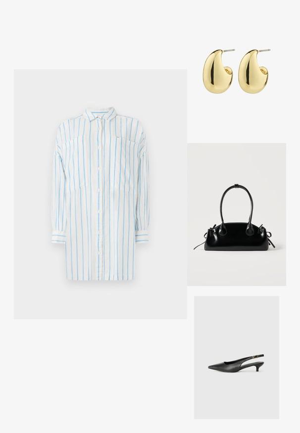 Camisa blanca con rayas verticales azules, de manga larga, con cierre de botones y dos bolsillos en el pecho. Fabricada con un tejido ligero.; Zapato de tacón slingback negro de punta afilada, hecho de cuero suave. Presenta un tacón delgado y un detalle de hebilla en la correa ajustable.; Pequeño bolso negro brillante con dos asas largas y detalles de cordón lateral sobre un fondo claro liso.; Pendientes de stud en tono dorado con una superficie suave y pulida, que presentan una forma abstracta en forma de lágrima. Hardware de metal simple para la sujeción.