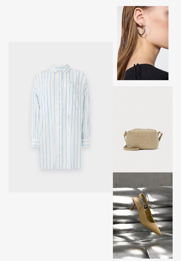 Weißes Hemd mit blauen vertikalen Streifen, langen Ärmeln, Knopfverschluss und zwei Brusttaschen. Hergestellt aus leichtem Stoff.; Beiger Wildleder-Kittenheel-Slingback-Schuh mit silberner Schnalle, positioniert über einer glänzenden, metallischen, geknöpften Oberfläche.; Beige rechteckige Umhängetasche mit gewebter Lederstruktur und verstellbarem Riemen auf hellem Hintergrund.; Silberne Creolen mit polierter Oberfläche, die kleine goldene Akzentdetails und eine runde Form aufweisen, am Ohrläppchen getragen.
