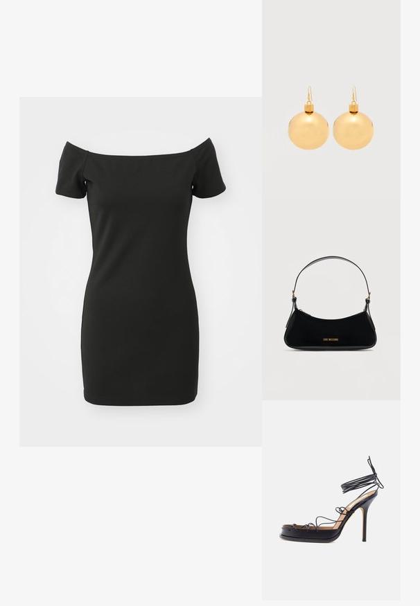 Zwarte off-shoulder jurk van rekbaar materiaal, met kortere mouwen en een aansluitende pasvorm. Soepele textuur zonder patronen.; Zwarte sandaal met hoge hak met dunne leren banden die om de voet en enkel gewikkeld zijn, met een spits toefhak.; Zwarte schoudertas van lakleer met een gebogen vorm, gouden "LOVE MOSCHINO"-logo aan de voorkant en verstelbare band met gouden accessoires.; Een paar glanzende gouden kerstbal-oorbellen met haaksluitingen op een effen witte achtergrond.