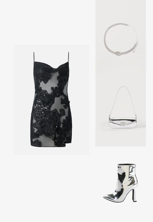 Mini robe noire transparente avec appliques en dentelle florale et ornements en paillettes, dotée de fines bretelles spaghetti et d'un décolleté en forme de cœur.; Bottines en cuir verni argenté avec un bout pointu, un talon épais et haut, et une fermeture éclair sur le côté, présentant une texture lisse et brillante.; Petit sac à épaule argenté avec une fine bandoulière et un rabat avant sécurisé par un fermoir métallique.; Collier en chaîne multibrins argenté avec un détail central en forme de nœud et une extension de fermoir réglable sur un fond clair uni.