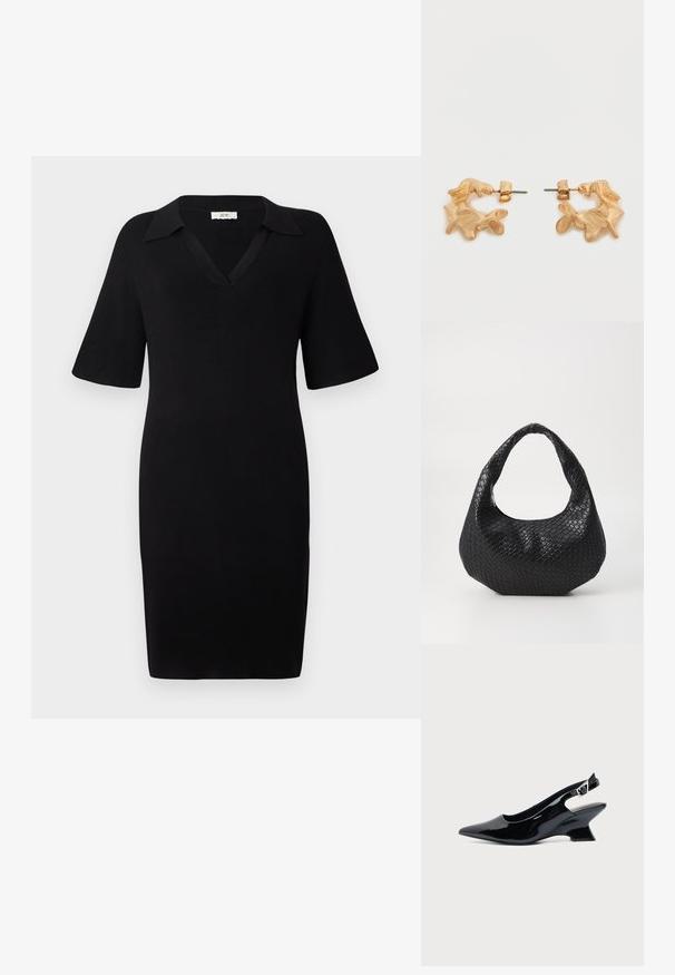 Vestido negro de tela acanalada con escote en V y mangas cortas. Presenta un cuello clásico y una silueta ajustada.; Zapato slingback de cuero charol negro con puntera puntiaguda y tacón bajo en bloque inclinado sobre fondo claro liso.; Bolso de mano tejido en negro con un asa curvada, que presenta una superficie texturizada y una forma holgada. Acabado suave con una silueta orgánica.; Pendientes de tono dorado con una forma abstracta y orgánica, que presentan una superficie texturizada y un cierre de poste trasero.