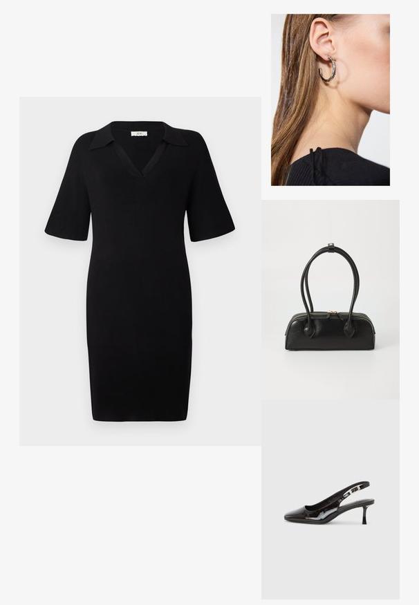Vestido negro de tela acanalada con escote en V y mangas cortas. Presenta un cuello clásico y una silueta ajustada.; Zapato slingback de charol negro con punta afilada, hebilla plateada y tacón bajo tipo kitten sobre un fondo liso y claro.; Bolso de mano de cuero negro con dos asas alargadas, cierre de cremallera y forma redondeada; textura suave con un acabado ligeramente brillante.; Pendiente de aro de plata con un acabado pulido, que presenta pequeños detalles en dorado y una forma redonda, llevado en el lóbulo.