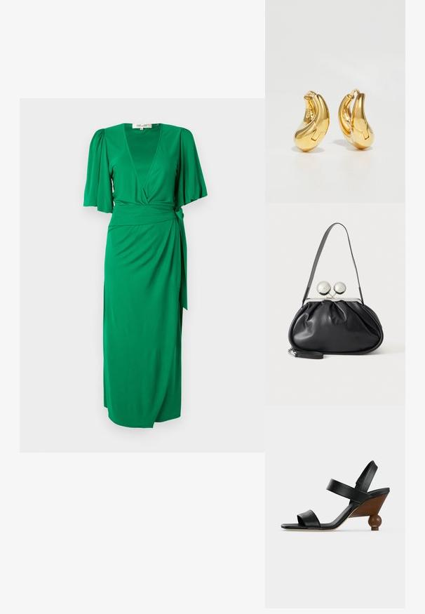 Vestido envolvente verde hecho de una tela suave y ligera. Presenta un escote en V, mangas cortas abullonadas y un lazo en la cintura que acentúa la silueta definida.; Sandalia negra de cuero con punta abierta, con dos tiras y un tacón de cuña de madera con una base redonda en forma de esfera.; Bolso de mano de cuero negro con diseño fruncido, una sola correa, marco metálico plateado y dos cierres grandes redondos de plata.; Pendientes de aro de oro con forma curva y suave, y acabado pulido. Presentan un mecanismo de cierre y ligeras indentaciones para un toque de detalle.