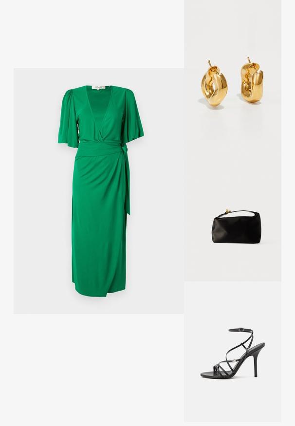 Vestido envolvente verde hecho de una tela suave y ligera. Presenta un escote en V, mangas cortas abullonadas y un lazo en la cintura que acentúa la silueta definida.; Sándalo negro de tacón alto con tiras finas, hebilla en el tobillo, superficie de cuero suave y tacón de aguja esbelto.; Bolsa de terciopelo negro con forma redondeada, un asa superior y un cierre de acento dorado. Textura suave con un diseño minimalista.; Pendientes de aro grueso en oro con un diseño tubular ligeramente retorcido y cierre de presión, sobre un fondo blanco.