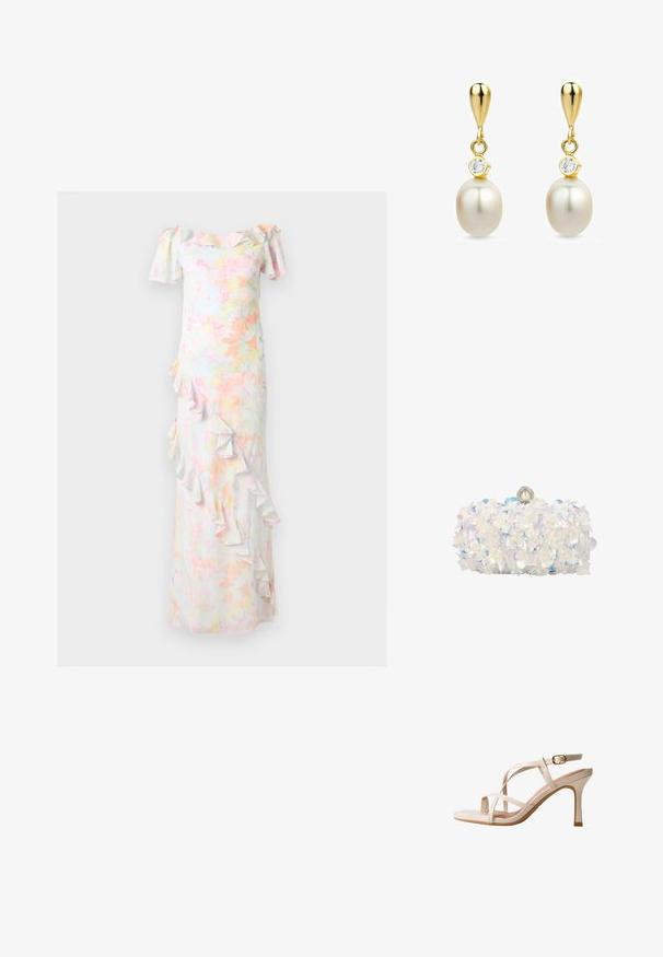 Off-shoulder, gulvlængde blomsterkjole med mønstre i pastelrosa, gul og grøn, med flæser langs halsudskæringen og skråt foran.; Beige højhælede sandal med tynde krydsede remme og en justerbar ankelrem med spænde i guld.; Hvid clutch-taske dækket med iriserende blomsterapplikationer og perleaccents, med perlelås øverst.; Guld dråbe øreringe med hvide perler og små klare ædelsten over hver perle, vist på en hvid baggrund.