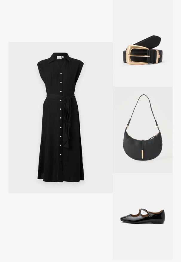 Robe midi noire sans manches avec col, boutons blancs sur le devant et ceinture en tissu assorti nouée à la taille.; Chaussure plate Mary Jane en cuir verni noir avec deux découpes et une bride à boucle dorée sur fond blanc.; Sac à main noir en forme de croissant avec une bandoulière unique, une fermeture éclair dorée et une languette décorative rectangulaire dorée à l'avant.; Ceinture en cuir noir avec une boucle rectangulaire en or. La ceinture a une texture lisse et un subtil détail de couture le long des bords.