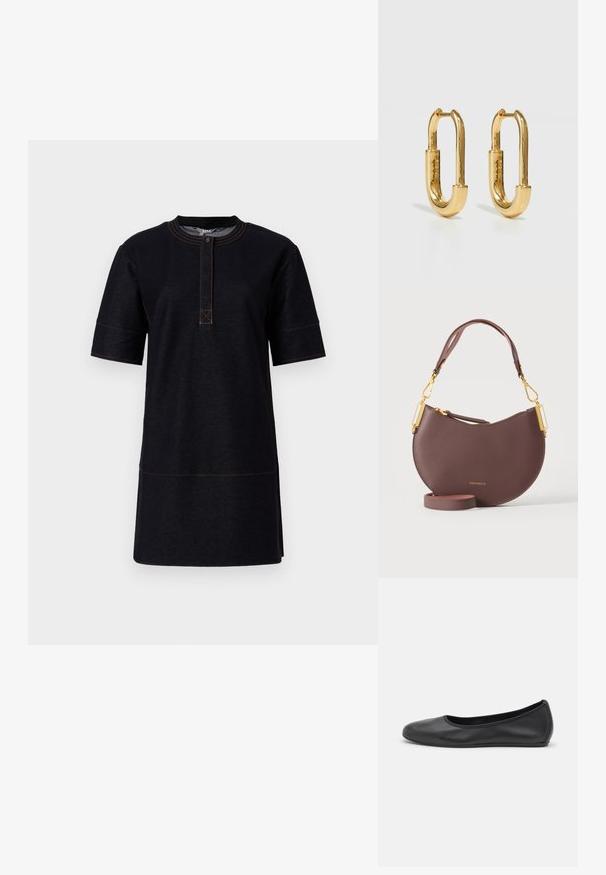 Robe noire à manches courtes en tissu denim, dotée d'un col rond, d'une patte de boutonnage et de détails de couture orange contrastés.; Ballerines en cuir noir avec un bout rond, texture lisse, détails de couture minimalistes et design de semelle flexible.; Sac à main en cuir marron demi-lune avec fermoirs dorés, bandoulière détachable et logo "COCCINELLE" au centre avant.; Boucles d'oreilles en métal doré en forme d'ovale allongé, avec une surface lisse et polie et un petit charnière pour l'attache.