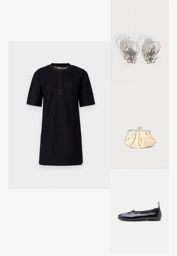 Robe noire à manches courtes en tissu denim, dotée d'un col rond, d'une patte de boutonnage et de détails de couture orange contrastés.; Ballerine en cuir verni noir avec un bout rond, un petit nœud décoratif et une texture lisse ; présente une semelle plate basse et une languette au talon.; Pochette en cuir beige plissé avec un cadre en métal argenté, dotée de deux fermoirs ronds décoratifs et d'une chaîne en argent.; Paire de boucles d'oreilles en métal argenté avec un design en cage à fil ouvert et des formes ovales centrales lisses projetant des ombres courbes sur un fond blanc.