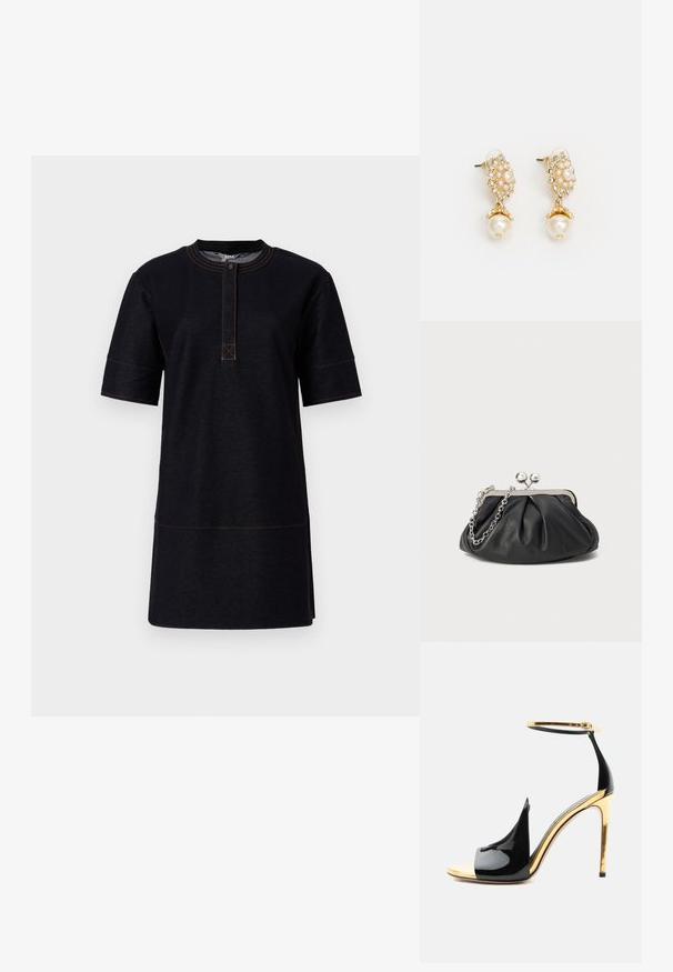 Sort kortærmet kjole lavet af denimstof, med rund halsudskæring, knaplukning og kontrasterende orange stikninger.; Sort laklæder høje hælsandal med gyldent stiletthæl, gyldent ankremed spænde og åben tå-design.; Sort læder clutch med samlet tekstur, sølvfarvet metalramme, kys-lås lukning og kædestrop. Glat, blød overflade.; Guldtonede øreringe med et blomstermotiv, prydet med perleaccent og en større perledrop. Udsmykket med små, klare krystaller.