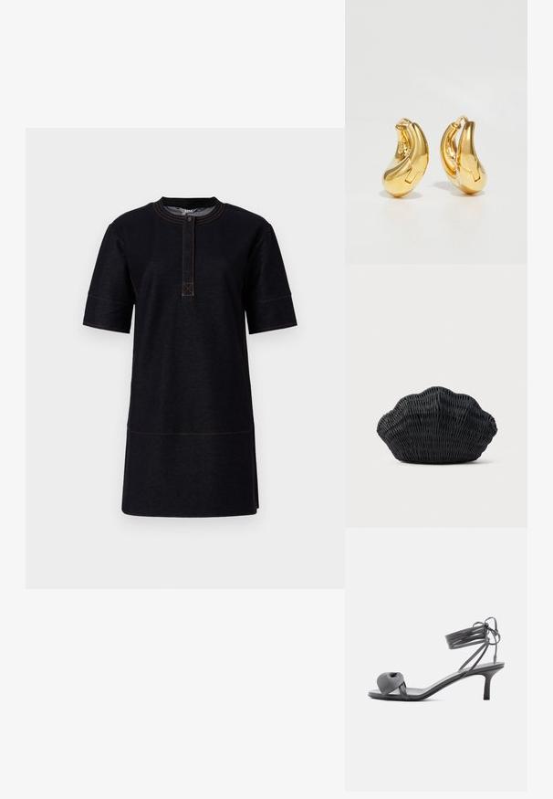 Robe noire à manches courtes en tissu denim, dotée d'un col rond, d'une patte de boutonnage et de détails de couture orange contrastés.; Sandale à talon en cuir gris avec une bride nouée sur les orteils et des lacets enroulants autour de la cheville, sur un talon moyen et fin, sur fond blanc.; Sac à main en osier noir en forme de coquille Saint-Jacques avec un dessus courbé et une texture tressée sur un fond uni.; Boucles d'oreilles en or en forme de d'anneaux lisses et courbés avec une finition polie. Équipées d'un mécanisme de fermeture et de légères indentations pour le détail.