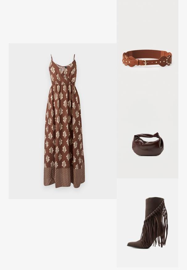 Vestido maxi marrón con tirantes finos, que presenta patrones de hojas beige y un acento en zigzag en el dobladillo. Hecho de tela ligera.; Botín marrón de ante con tacón alto, puntera puntiaguda y largos flecos colgando del borde superior.; Bolso de hombro de cuero marrón oscuro con una forma suave y caída, y un asa con nudo torcido sobre un fondo blanco liso.; Cinturón de cuero marrón con sección elástica, hebilla dorada y tachuelas decorativas. Presenta piezas de extremo curvadas y una textura suave.