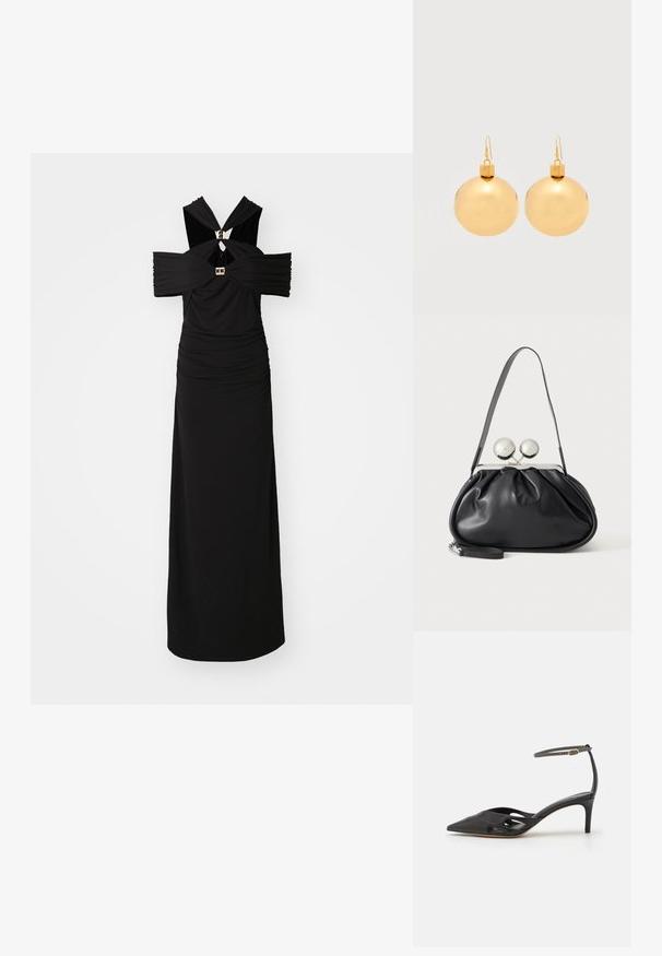 Hervé Léger THE ELLE GOWN - Ένδυση για ειδικές περιστάσεις - black; Μαύρο δερμάτινο ψηλοτάκουνο παπούτσι με μυτερή μύτη, ανοιχτές πλευρές και λεπτό λουράκι στον αστράγαλο που διαθέτει μια μικρή χρυσή λεπτομέρεια.; Μαύρη δερμάτινη τσάντα με στρογγυλό σχέδιο, μονό λουρί, ασημένιο μεταλλικό πλαίσιο και δύο μεγάλους στρογγυλούς ασημένιους κλειδώματα.; Ζευγάρι γυαλιστερών χρυσών σκουλαρικιών με στρογγυλές χριστουγεννιάτικες μπάλες και γάντζους στερέωσης σε απλό λευκό φόντο.
