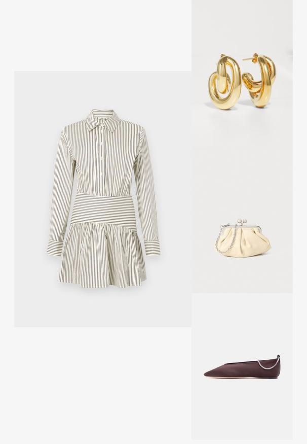 Napoleondressi, jossa on tiukka vyötärö, lantioilta levenevä helma, pitkät hihat ja kapeat ruskeat raidat vaaleanbeige taustan päällä. Sisältää klassisen kauluksen.; Tummanruskea, kärjestä suippokärkinen matala kenkä, jossa on matala korko ja hopeinen strassiketjusomiste takana.; Beige nahkaista kassi, jossa on laskostus ja hopeinen metallirunko, kaksi pyöreää koristeellista solkea sekä hopeaketjuolkayh.; Charlotte Chesnais BO INITIAL BLOW - Korvakorut - gold-coloured