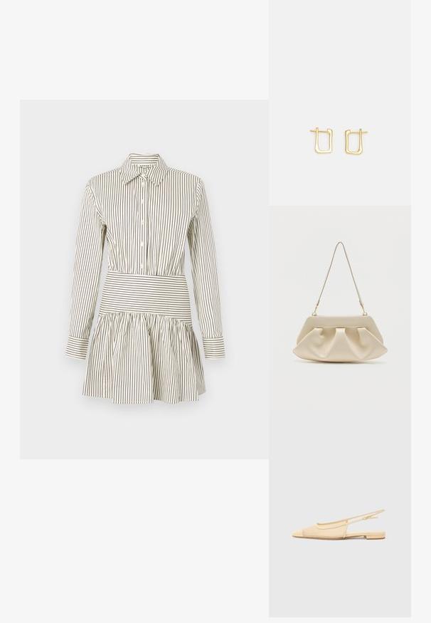 Knap-up kjole med en tætsiddende talje, flagrende nederdel, lange ærmer og smalle brune striber på en cremefarvet baggrund. Har en klassisk krave.; Slingback fladsko i lys beige med en mesh-overdel, spids tå og en lav hæl. Har en justerbar strop for bedre pasform.; Kremfarvet blød clutch-taske med samlet plissering og en tynd skulderrem med guldfarvet hardware.; Guldmetal ørehængere med en uregelmæssig firkantet form, der har en glat overflade og en tynd post til fastgørelse.
