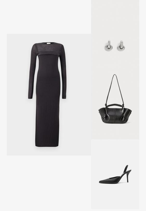 Robe noire à manches longues avec une coupe ajustée, col rond et un panneau transparent horizontal sur la poitrine. Matière douce et légère.; Chaussures à talons noires à bride arrière avec un bout pointu, en cuir lisse, et un design épuré et minimaliste. Talon aiguille haut.; Sac à main en cuir noir avec une finition texturée, des plis souples, des doubles poignées et des détails de poignée tissée. Compact, avec un design ouvert.; Paire de petites boucles d'oreilles créoles argentées brillantes avec une base ronde, présentées sur un fond clair uni.
