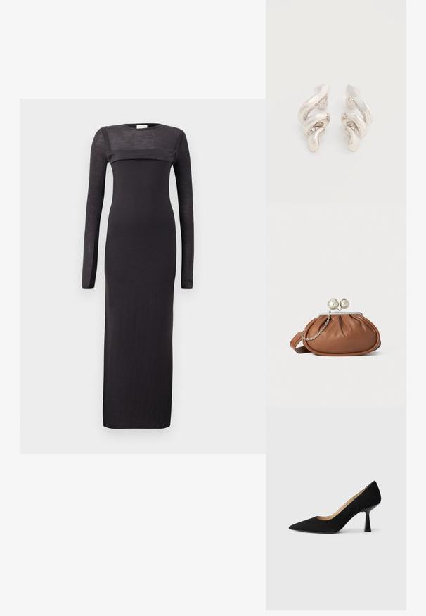 Robe noire à manches longues avec une coupe ajustée, col rond et un panneau transparent horizontal sur la poitrine. Matière douce et légère.; Pompe à talons hauts en suède noir avec un bout pointu, dotée d'un talon bloc noir brillant et d'une doublure intérieure lisse.; Pochette en cuir marron avec un fermoir à boule en argent et un petit détail en chaîne argentée sur fond blanc.; Boucles d'oreilles clips en métal argenté torsadé avec une finition lisse et brillante, présentant un design moderne et abstrait en spirale.
