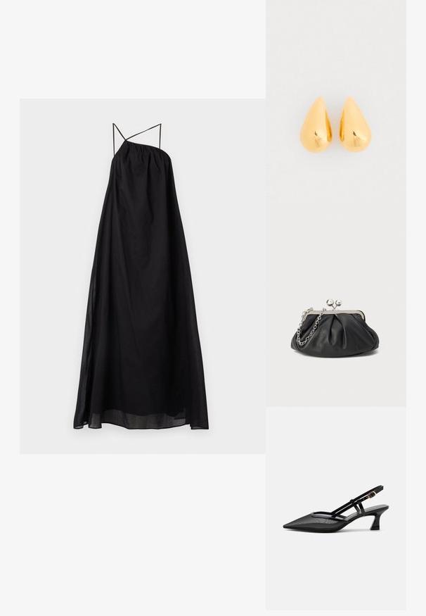 Robe maxi noire avec une silhouette fluide, faite d'un tissu léger. Présente des bretelles croisées et un col élastiqué froncé.; Chaussure slingback noire à bout pointu avec tige en mesh, fines brides, boucle dorée et petit talon incurvé sur fond blanc.; Porte-monnaie en cuir noir avec texture froncée, cadre en métal argenté, fermeture à verrouillage kiss-lock et bandoulière en chaîne. Surface lisse et douce.; Boucles d'oreilles en or en forme de goutte avec une surface lisse et polie et des fonds arrondis, reflétant la lumière avec une finition brillante.