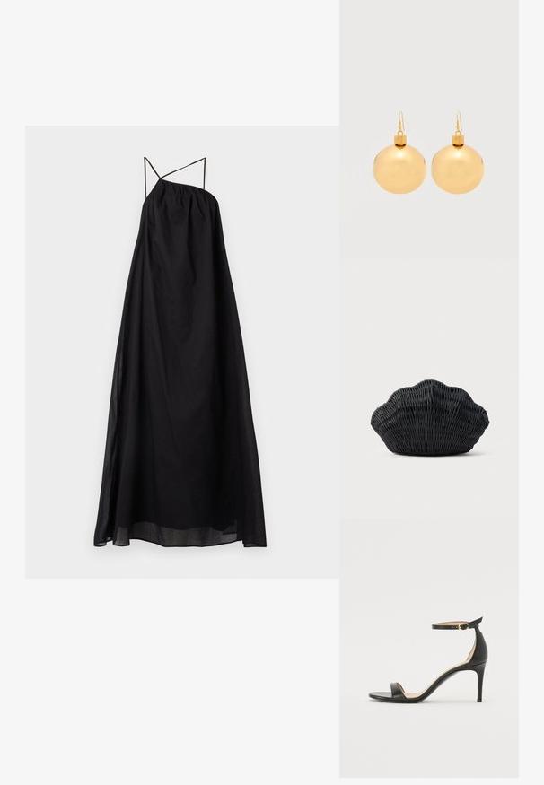 Zwarte maxi-jurk met een vloeiende silhouette, gemaakt van lichtgewicht stof. Heeft kruislings gespen en een geplooide, elastische halslijn.; Zwarte leren hoge hak sandaal met enkelbandje. Heeft een gladde textuur, open teen en een dunne hak. Gouden gesp detail.; Zwarte gevlochten handtas in de vorm van een sint-jakobsschelp met een gebogen bovenkant en een geweven textuur op een effen achtergrond.; Een paar glanzende gouden kerstbal-oorbellen met haaksluitingen op een effen witte achtergrond.
