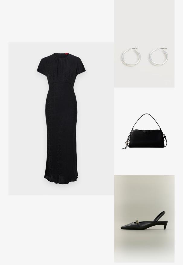 Schwarzes langes Kleid mit kurzen Ärmeln, das ein dezentes geometrisches Muster, einen runden Ausschnitt, eine taillierte Taille und einen leicht ausgestellt Boden aufweist.; Schwarzer Slingback-Kitten-Heel aus Leder mit spitz zulaufender Zehenpartie und kleiner goldfarbener Schnalle auf einfarbigem Hintergrund.; Schwarze, rechteckige Calvin Klein Handtasche mit einem einzelnen Tragegriff oben, silbernem Logo-Anhänger und kleinem Klappverschluss auf der Vorderseite.; Paar mittelgroße glänzende silberne Hoop-Ohrringe mit dünnen Metallverschlüssen auf hellem neutralem Hintergrund.
