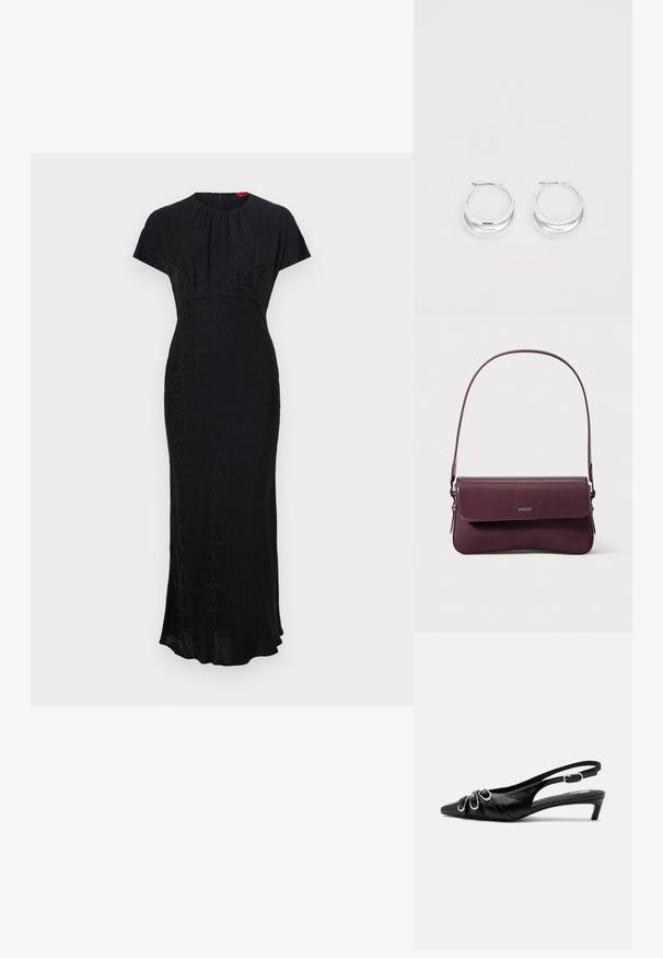 Schwarzes langes Kleid mit kurzen Ärmeln, das ein dezentes geometrisches Muster, einen runden Ausschnitt, eine taillierte Taille und einen leicht ausgestellt Boden aufweist.; Schwarzer Lederslingback mit spitzer Spitze, drei silbernen Schnallen vorne und niedrigem Kittenabsatz auf weißem Hintergrund.; Burgunderrote Lederhandtasche mit einem strukturierten Design, ausgestattet mit einer Klappe zum Verschließen und einem verstellbaren Riemen. Logodetail ist vorne eingeprägt.; Silberne Creolen mit glänzender Oberfläche und DKNY-Logo, vor einem schlichten weißen Hintergrund präsentiert.