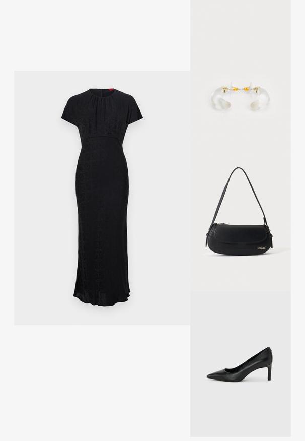 Robe longue noire à manches courtes, présentant un motif géométrique subtil, un col rond, une taille cintrée et un bas légèrement évasé.; Escarpin à bout pointu en cuir noir avec un talon fin de hauteur moyenne sur un fond gris clair uni.; Sac à épaule en cuir noir avec rabat incurvé, logo doré "HUGO" sur le devant, et une bandoulière réglable.; Boucles d'oreilles en acrylique transparent avec accents dorés, présentant un design incurvé et un fermoir transparent. Texture lisse, style minimaliste.
