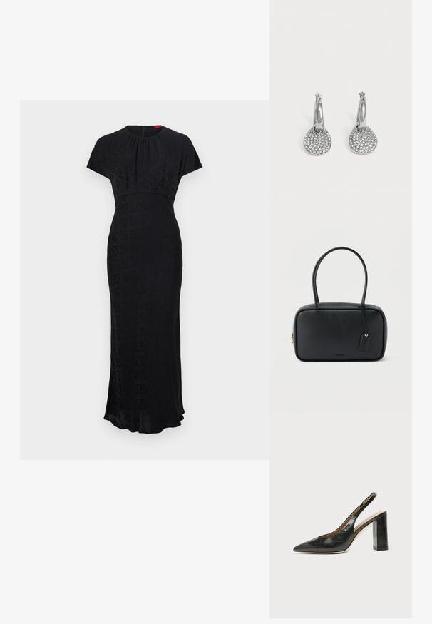 Robe longue noire à manches courtes, présentant un motif géométrique subtil, un col rond, une taille cintrée et un bas légèrement évasé.; Chaussure slingback en cuir noir à bout pointu avec un talon bloc haut et une doublure intérieure beige sur un fond clair uni.; Sac à main rectangulaire noir avec doubles poignées arrondies, fermeture éclair dorée et logo "HUGO" embossé sur le devant avec une étiquette en cuir attachée.; Boucles d'oreilles créoles en argent avec des pendentifs ronds et plats incrustés de petits cristaux clairs sur un fond clair uni.