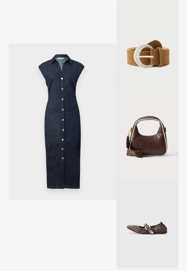 Denim jurk met een knoopsluiting aan de voorkant, kraag, mouwen tot op de schouder en een getailleerd silhouet, in een donkere wassing met subtiele stikdetails.; Bruine gepatineerde leren ballerina met een spitse neus, elastische strikdetail en een zilveren gespaccent aan de zijkant. Zwarte rubberen zool.; Bruine geweven leren handtas met witte bies, gouden ritssluiting en afneembare bruine stoffen schouderriem.; Lichtbruine suède riem met een gestructureerde zilveren gesp in een halve maanvorm. Heeft een gladde onderkant en verstevigde stiksels langs de randen.