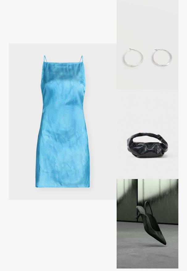 Robe nuisette en satin bleu sans manches, avec fines bretelles spaghetti et motif texturé subtil, coupée au genou.; Escarpin à talon haut en cuir noir avec bride arrière et bout pointu, flottant au-dessus d'un sol recouvert de moquette grise, mur verdâtre flou en arrière-plan.; Sac noir en matériau texturé et brillant avec une poignée circulaire torsadée et une fermeture éclair. Présente un design doux et froissé.; Boucles d’oreilles créoles en métal argenté avec une surface lisse légèrement incurvée et des fermoirs à clapet sur un fond blanc uni.