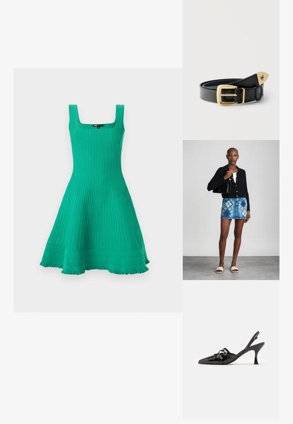 Robe turquoise sans manches, longueur genou, en maille côtelée, avec un décolleté carré, un bustier ajusté, une jupe évasée et un ourlet à volants.; ALOHAS JOELLE ONIX - Escarpins - black; Un cardigan en maille noir, un haut blanc, une jupe en denim avec un motif de diamants bleus et noirs, un sac à main noir et des sandales à enfiler beiges.; Ceinture en cuir noir roulée avec une boucle dorée et une extrémité métallique gravée du logo "ck", posée sur un fond clair uni.