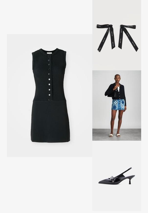 Vestido negro de punto acanalado sin mangas con cuello redondo, que presenta una abertura frontal con seis botones negros y una silueta ajustada.; Zapato de charol negro con talón bajo tipo slingback, punta puntiaguda y detalle de hebilla plateada sobre fondo blanco liso.; Cárdigan negro de punto, blusa blanca, falda de mezclilla con patrón de diamantes en azul y negro, bolso negro y sandalias deslizantes beige.; Dos lazos de cinta negra con el texto "MARC JACOBS" impreso en blanco en cada extremo de la cinta sobre un fondo blanco liso.