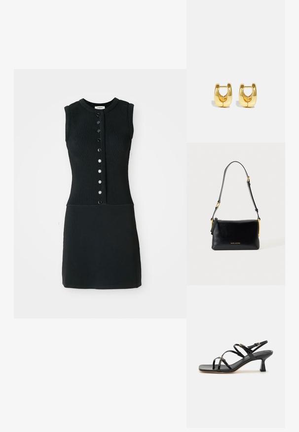 Robe sans manches noire en tricot côtes avec un col rond, dotée d'une patte de boutonnage à l'avant avec six boutons noirs et d'une silhouette ajustée.; Sandales à strapes en cuir verni noir avec un bout carré et un petit talon carré. Présente des accessoires en métal doré et des brides de cheville réglables.; Sac d'épaule en cuir noir avec sangle réglable et quincaillerie dorée, avec petit logo doré "Marc Jacobs" au centre avant.; Boucles d'oreilles en or avec un design élégant et arrondi. Présentent un centre creux et une surface brillante, complétant les styles modernes.