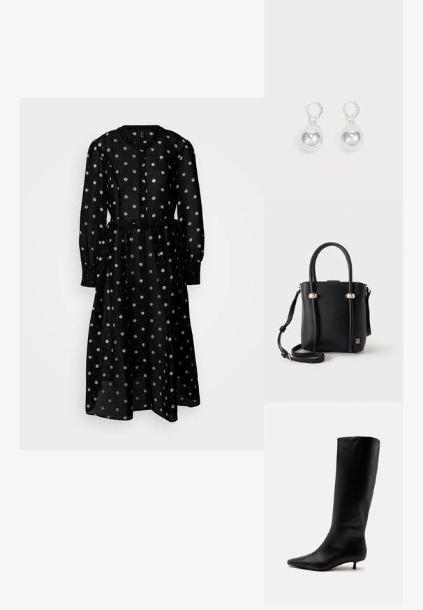 Robe noire à pois blancs en tissu transparent, dotée d'un devant boutonné, de manches longues, d'une taille ceinturée et d'une jupe fluide.; Botte noire en cuir jusqu'au genou avec bout pointu et petit talon kitten sur un fond clair uni.; Sac à main en cuir noir avec deux poignées accentuées d'or, une bandoulière amovible et un petit logo de la marque dans le coin avant inférieur.; Boucles d'oreilles en argent en forme de goutte avec des surfaces lisses, rondes et réfléchissantes, suspendues à des fermoirs à ressort. L'arrière-plan est blanc uni.