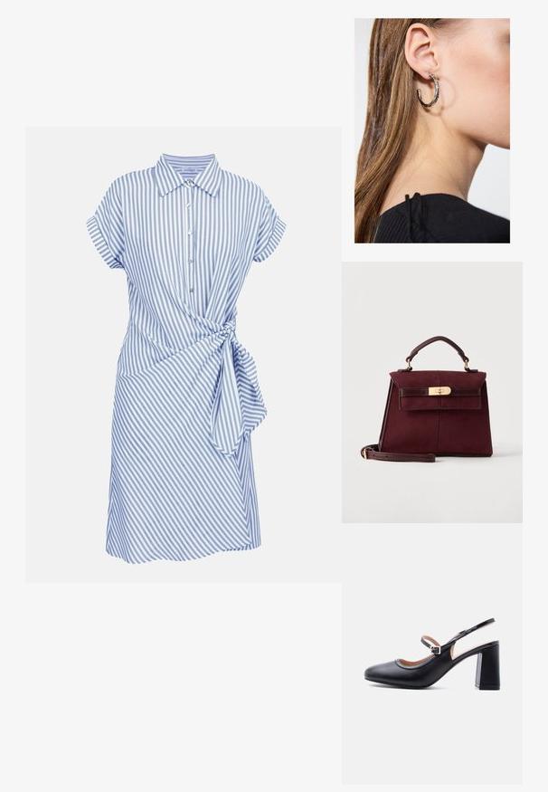 Robe à manches courtes rayée verticalement bleu et blanc, avec col, fermeture boutonnée devant et détail noué sur le côté à la taille.; Escarpin Mary Jane en cuir noir avec talon bloc et bride ajustable, présenté de profil sur fond blanc.; Sac à main en cuir bordeaux foncé avec une poignée supérieure, un fermoir à tourniquet doré et une bandoulière amovible sur un fond uni.; Boucle d'oreille en argent avec une finition polie, présentant de petits détails en or et de forme ronde, portée sur le lobe.