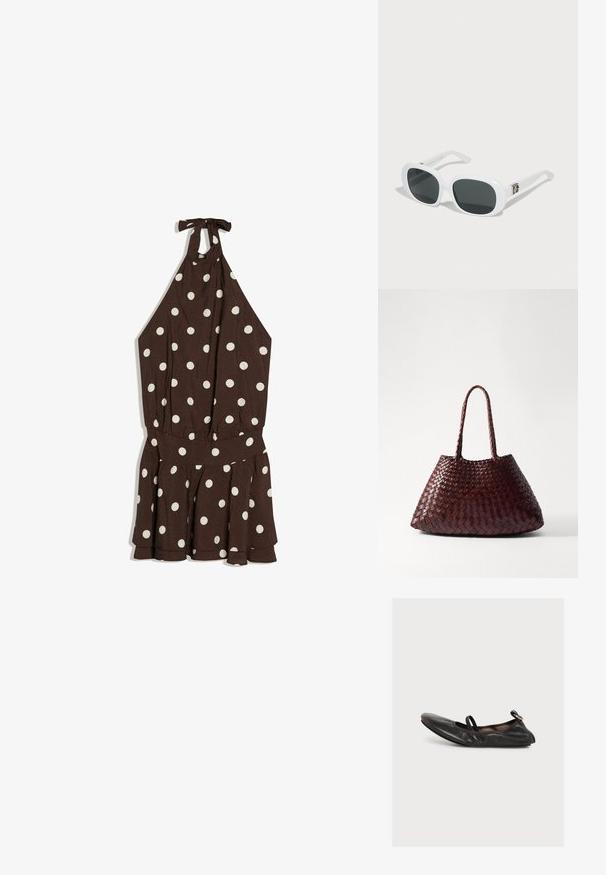 Robe marron à col licou avec des pois blancs, taille cintrée et ourlet à volants évasé.; Chaussure plate en cuir noir avec bout rond, lanière élastique sur le dessus et petit détail de boucle au talon, vue de profil sur fond blanc.; Dolce&Gabbana Lunettes de soleil - white; DRAGON DIFFUSION SANTA CROCE BIG - Sac à main - bruciato
