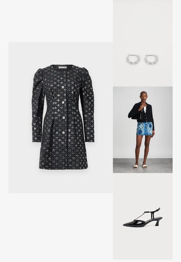 Zwart langemouwen jurk met opbollende schouders, bedekt met zilveren pailletten, met vier vierkante decoratieve knopen aan de voorkant.; Zwarte pumps van lakleer met spits toelopende neus, T-strap en lage schuine blokhak op witte achtergrond.; Zwarte gebreide cardigan, witte top, denimrok met blauw en zwart ruitpatroon, zwarte handtas en beige instapsandalen.; Zilveren oorringen met parel- en kristalaccenten, met een gestructureerd oppervlak en een veilige postsluiting.