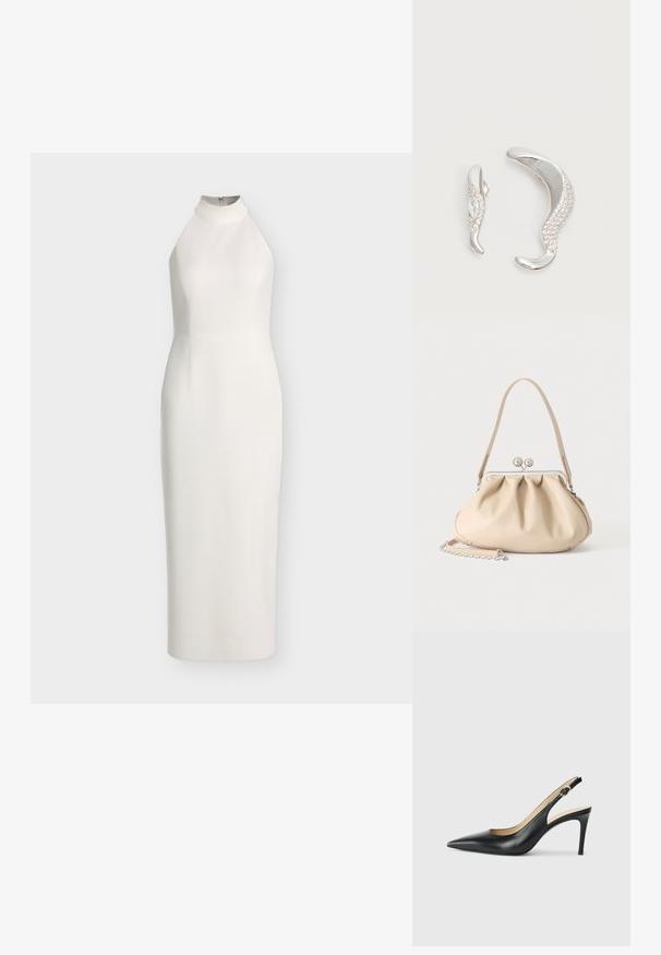 Ærmeløs hvid midi-kjole med høj halsudskæring, figursyet talje og lynlås bagpå, vist på en ensfarvet baggrund.; Sorte læder slingback højhælede sko med spids tå, justerbar rem og en slank stiletto hæl, der har en glat finish.; Beige blød læderhåndtaske med en sølv metalramme-lukning, enkelt skulderstrop og en valgfri kæderem på en hvid baggrund.; To buede sølvøreringe, en større end den anden, begge prydet med små funklende krystaller langs den ene kant.